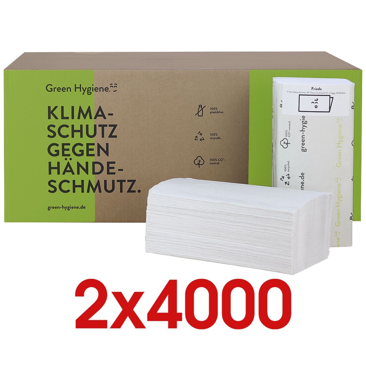 2x Papierhandtcher Green Hygiene Frieda CO₂ neutral produziert 2-lagig, hochwei, 25 cm x 23 cm aus Recycling-Tissue aus 100% Altpapier mit Z-Falzung - 8000 Blatt gesamt