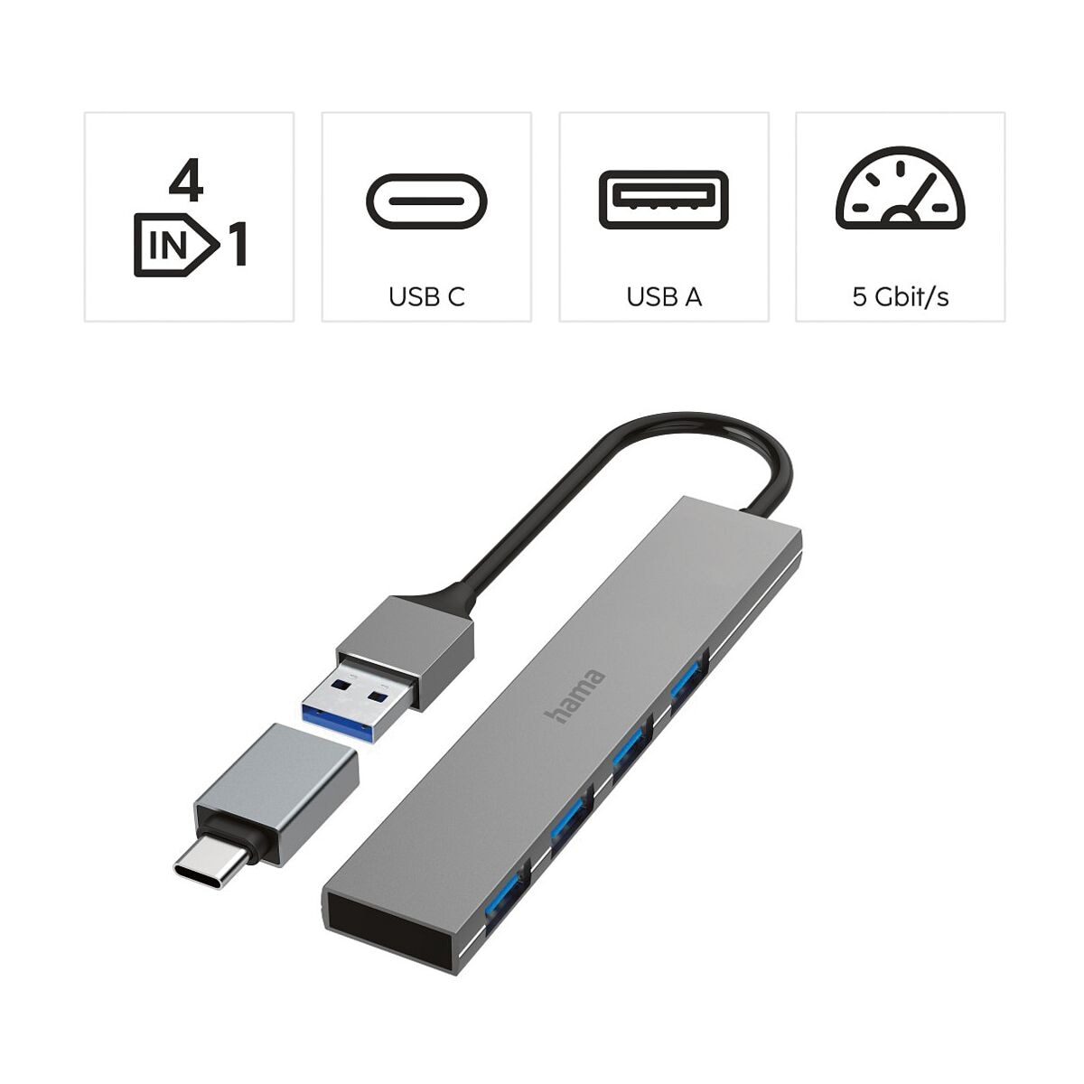 Hama USB-3.2-Hub mit USB-C Adapter »Ultra Slim«, 4 Ports