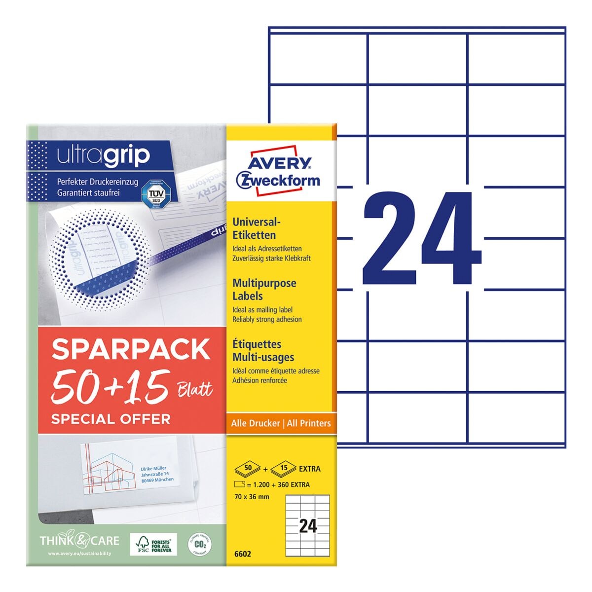 Avery Zweckform Universaletiketten permanent weiß 70x36 mm 1560 Stück 6602 mit ultragrip