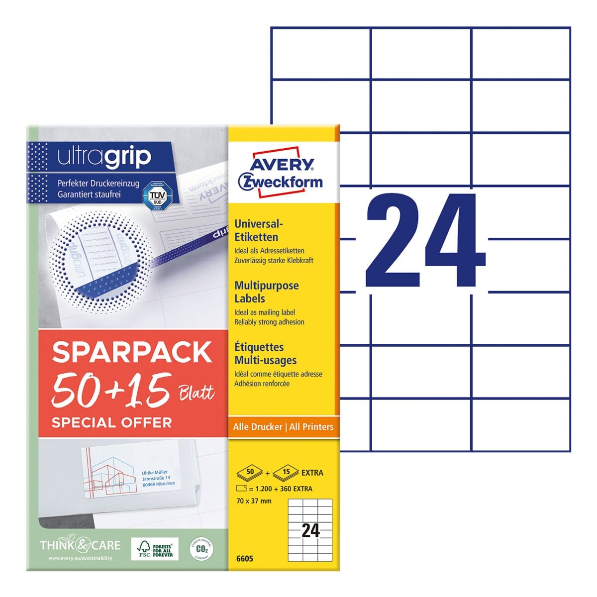 Avery Zweckform Universal-Etiketten permanent weiß 70x37 mm 1560 Stück 6605 ultragrip
