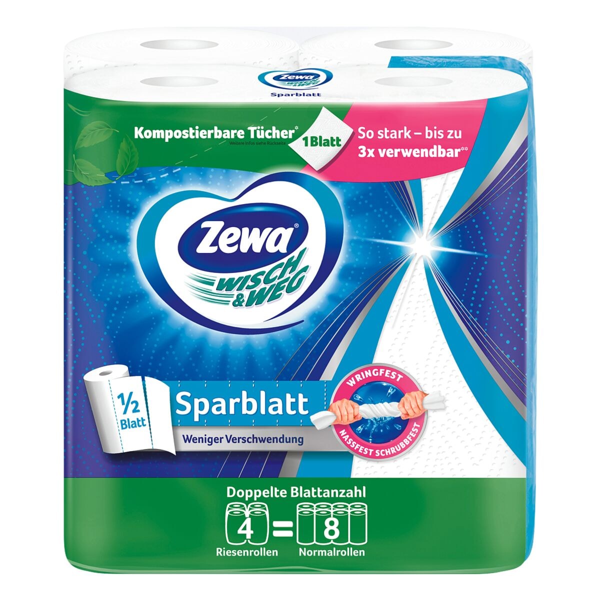 Zewa Küchenrollen (halbe Blätter) »Wisch & Weg SPARBLATT« 2-lagig, 4 Rollen