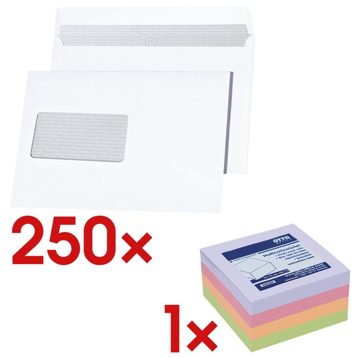 Briefumschläge Mailmedia Maildigital, C5 100 g/m² mit Fenster, haftklebend - 250 Stück inkl. Haftnotiz Würfel »Harmony Farbmix« 75 x 75 mm 22,9/-/16,2