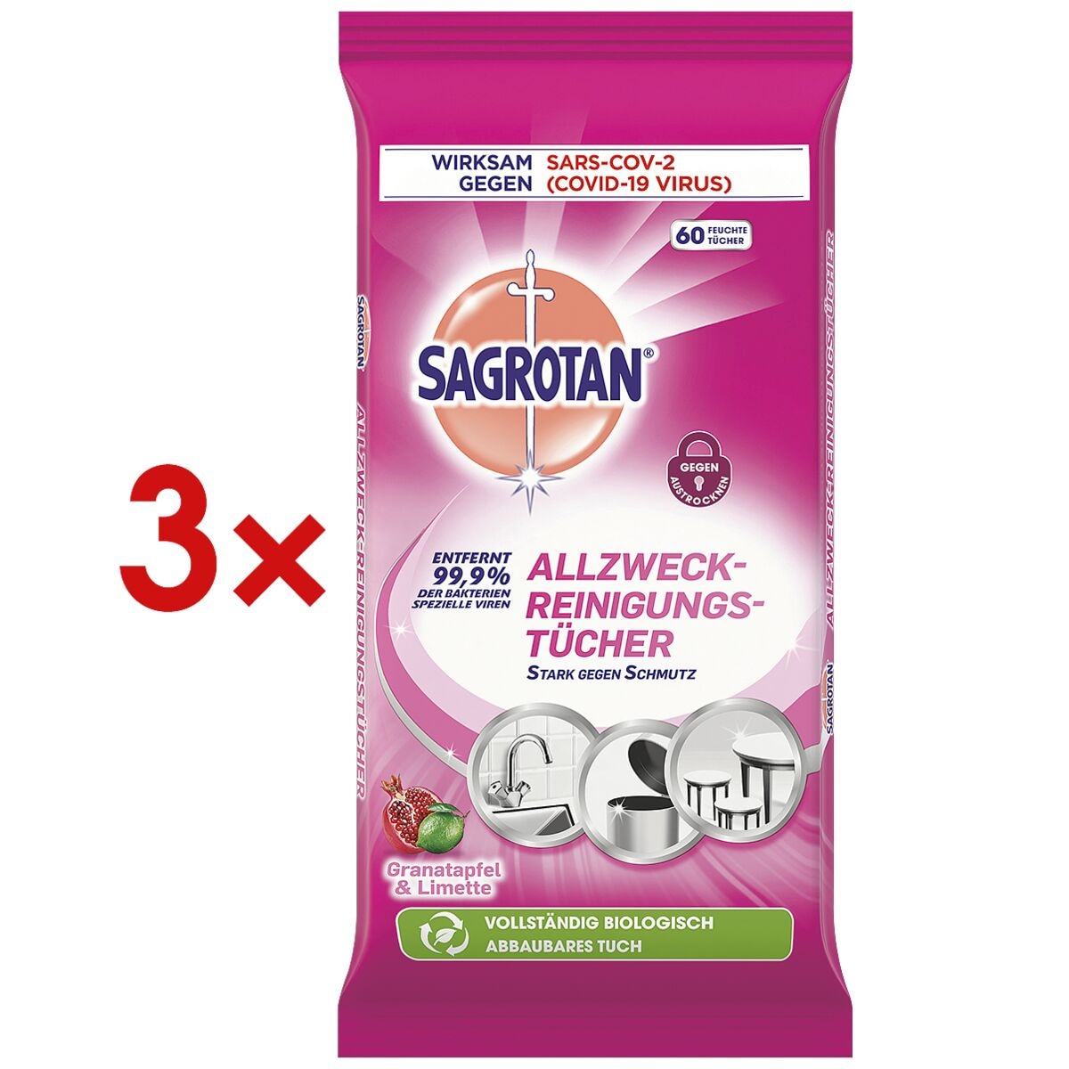 Sagrotan 3x Allzweckreinigungstcher Granatapfel & Limette 60 Stck