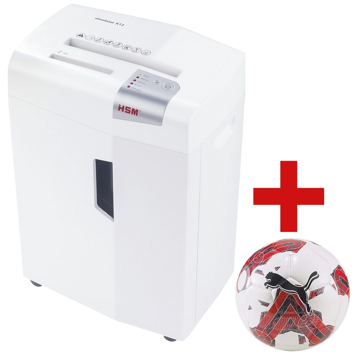 Aktenvernichter HSM shredstar X13, Sicherheitsstufe 4, Partikelschnitt (4 x 37 mm), bis 13 Blatt inkl. Fußball rot Größe 5