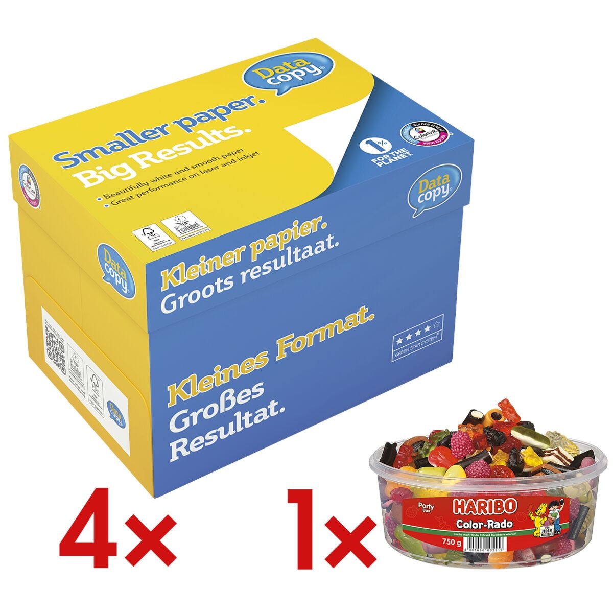 4x Maxi-Box Multifunktionales Druckerpapier A4 Data-Copy Everyday Printing - 10000 Blatt gesamt, 80g/qm inkl. Fruchtgummi »Color-Rado« Party Box 750 g