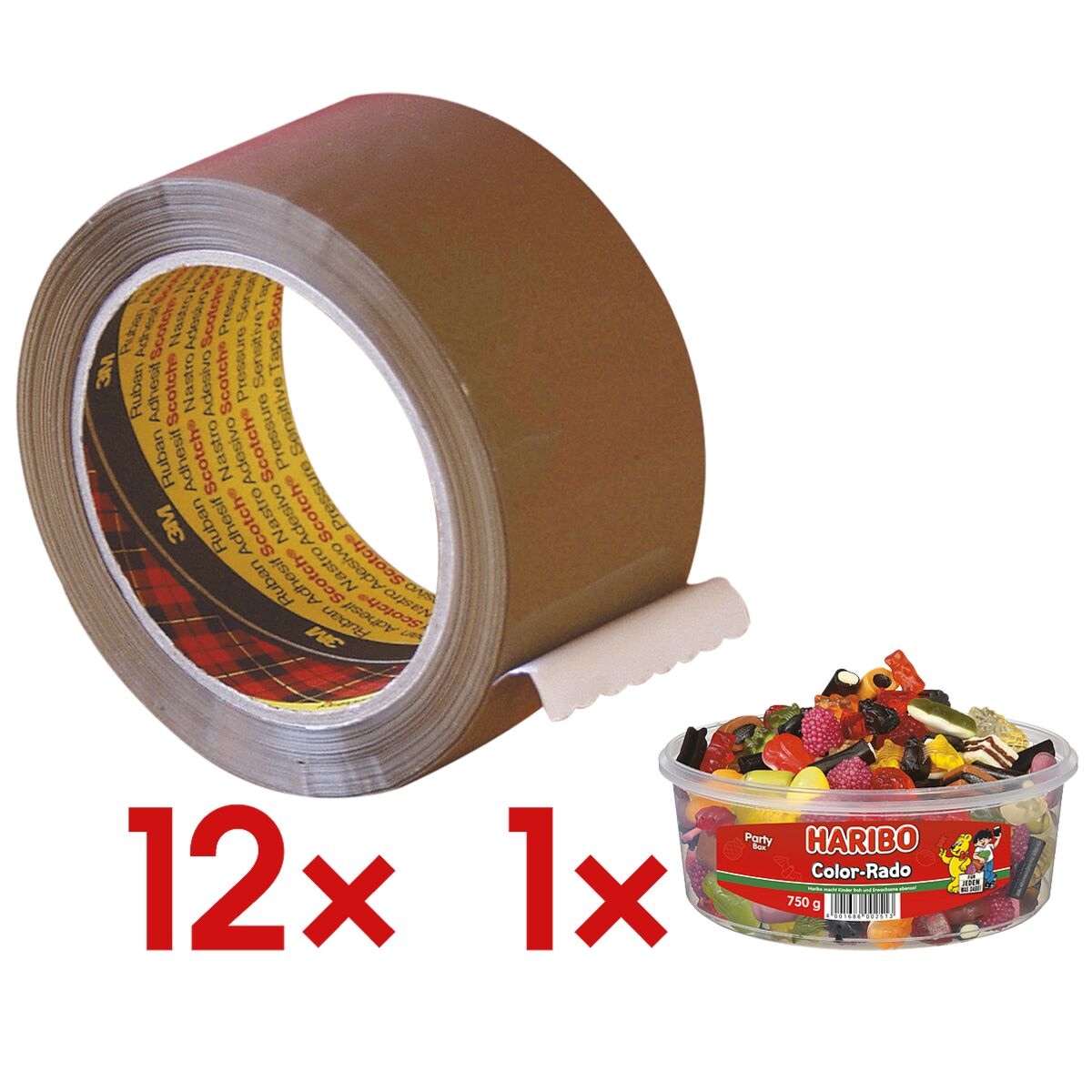 12x Packband Scotch Premium, 50 mm breit, 66 Meter lang - leise abrollbar inkl. Fruchtgummi Color-Rado Party Box 750 g