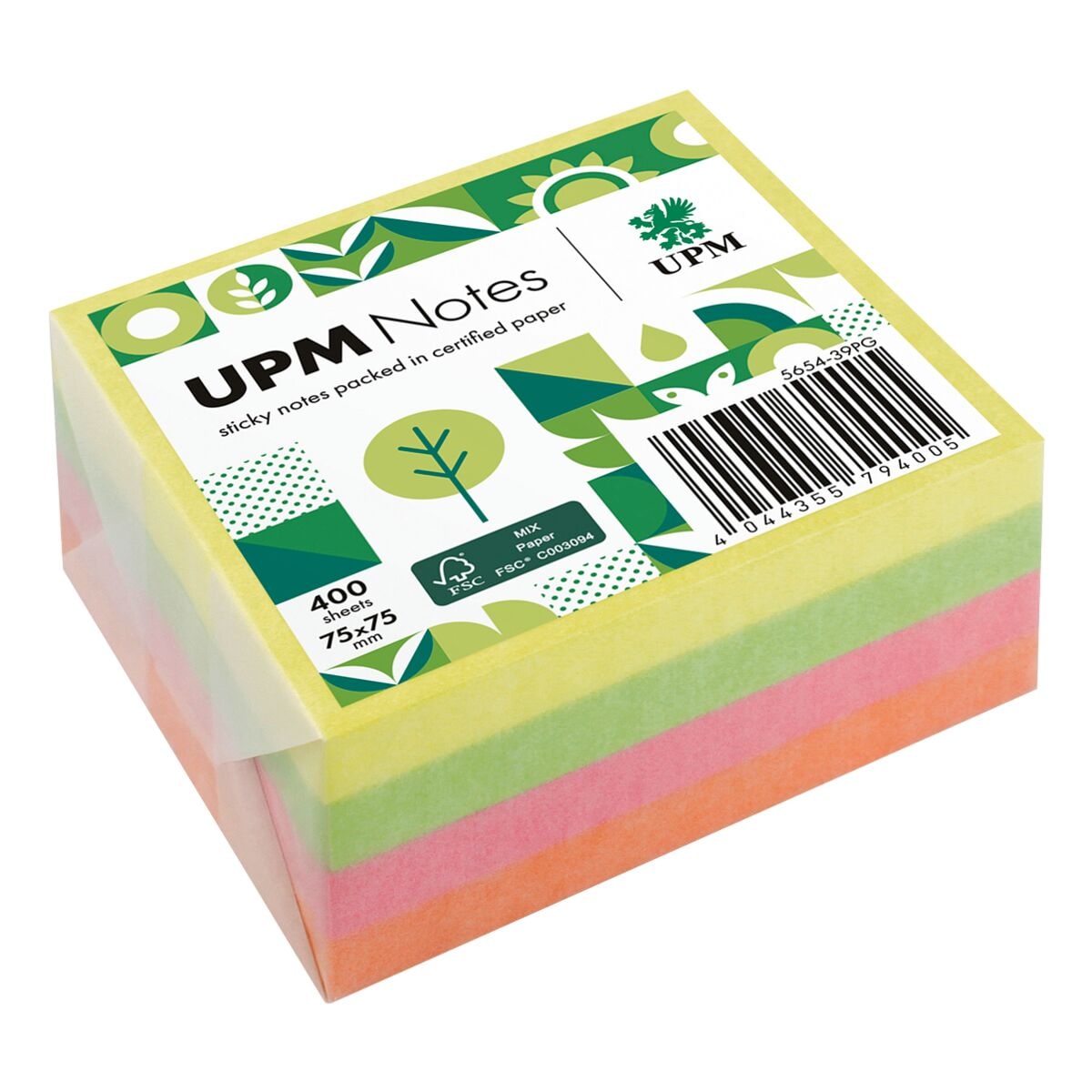 UPM Haftnotizen 5654-39PG pergaminverpackt 7,5 x 7,5 cm, 400 Blatt gesamt, Farbmix