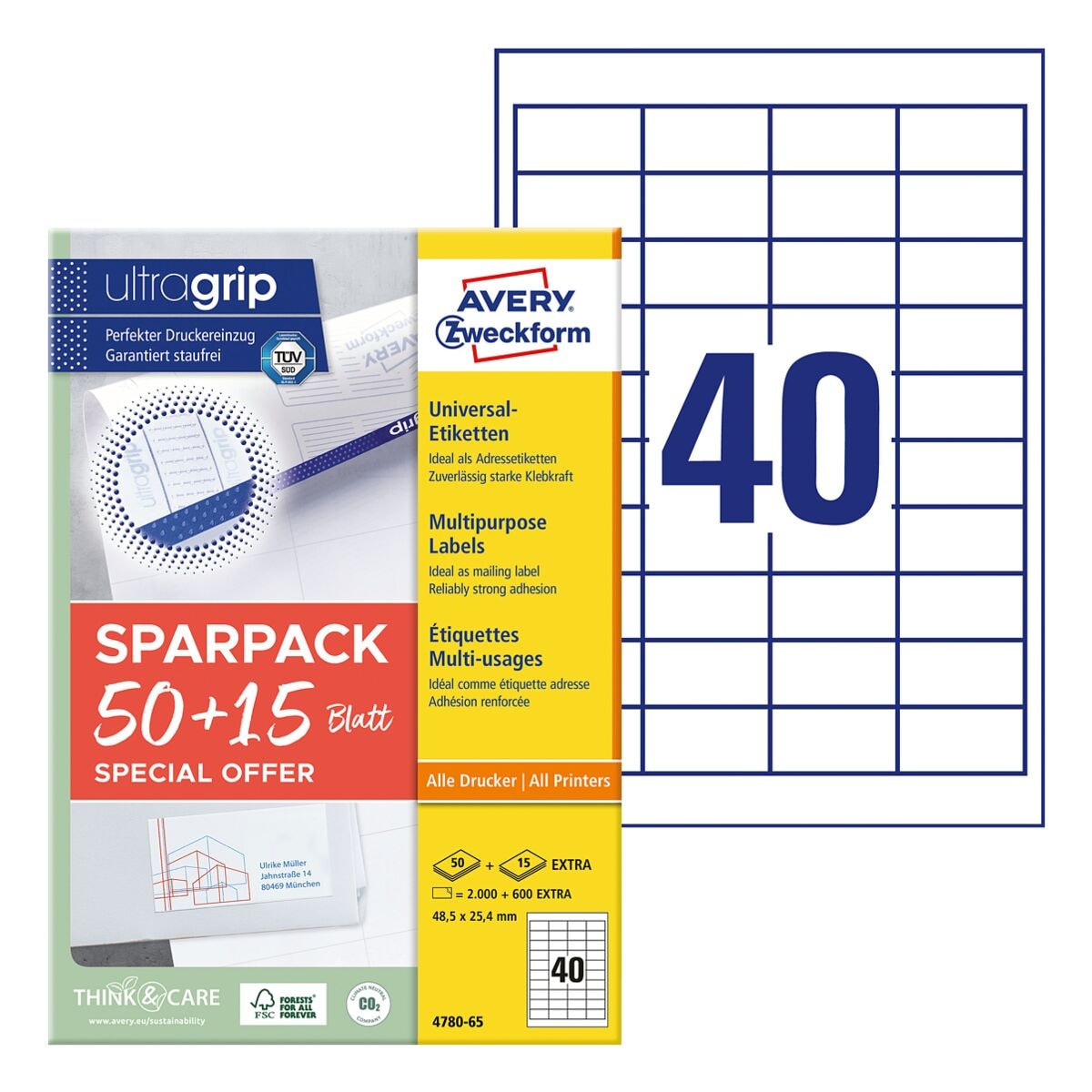 Avery Zweckform Universal-Etiketten permanent weiß 48,5x25,4 mm 2600 Stück 4780-65