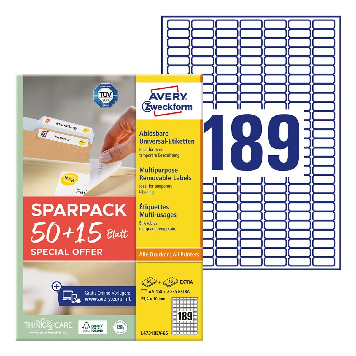 Avery Zweckform Universal-Etiketten wiederablösbar weiß 25,4x10 mm 12285 Stück L4731REV-65