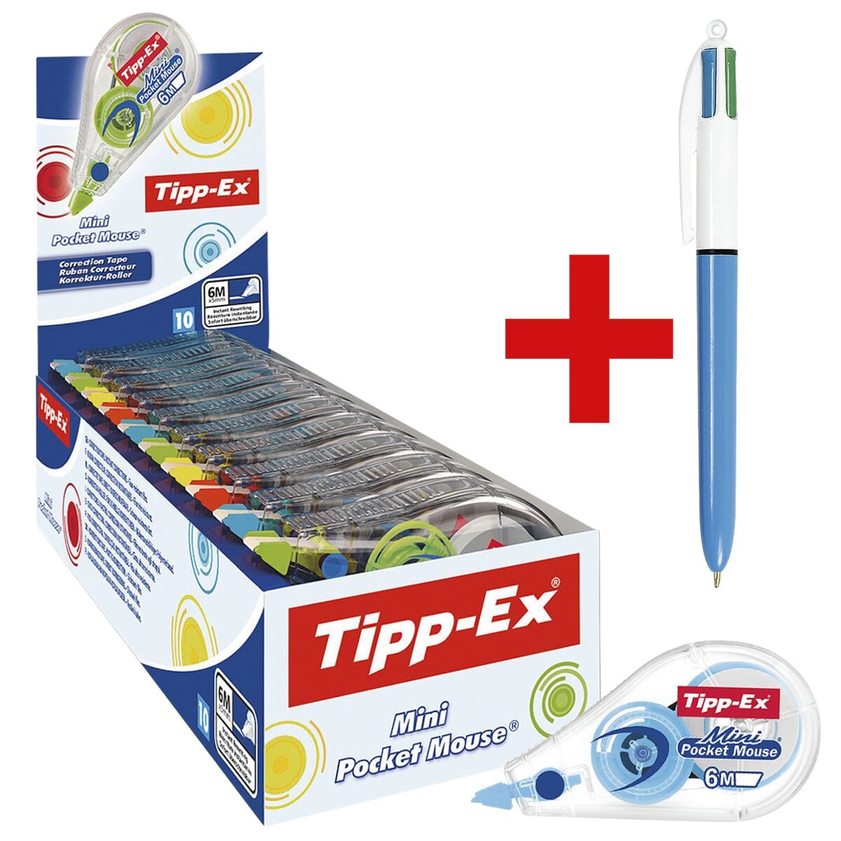 10x Tipp-Ex Einweg-Korrekturroller Mini Pocket Mouse 5 mm / 6 m inkl. 4-Farb-Kugelschreiber »4 Colours«