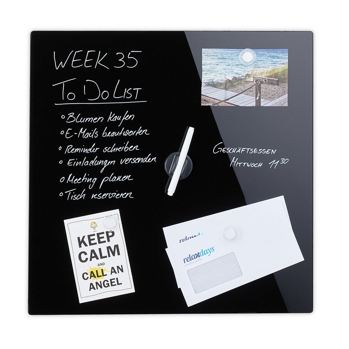 Relaxdays Glas-Magnettafel verglast, 50x50 cm