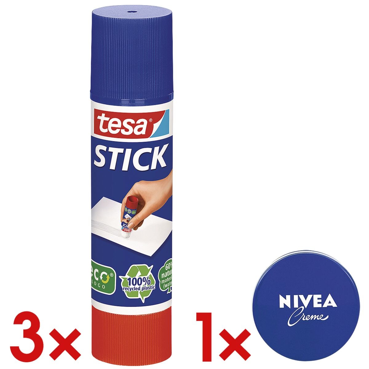 tesa 3x Klebestift »Stick 20g« ecoLogo® inkl. GRATIS »NIVEA Creme« 30 ml