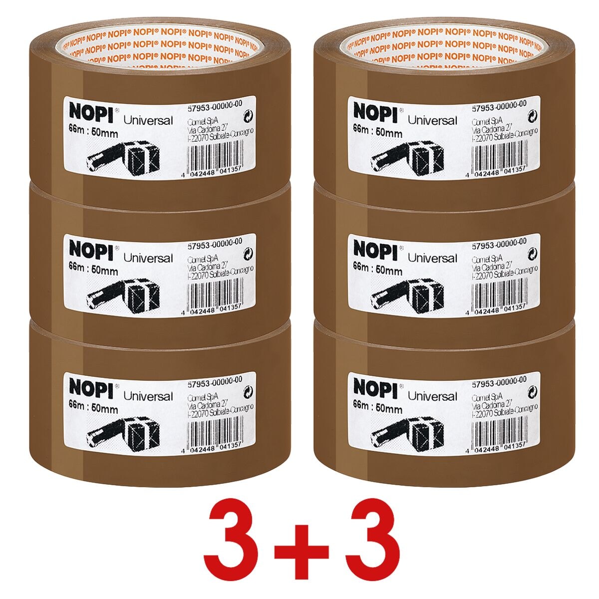 3 + 3 Aktion: 6x Packband Nopi Universal 50 mm x 66,00 m braun