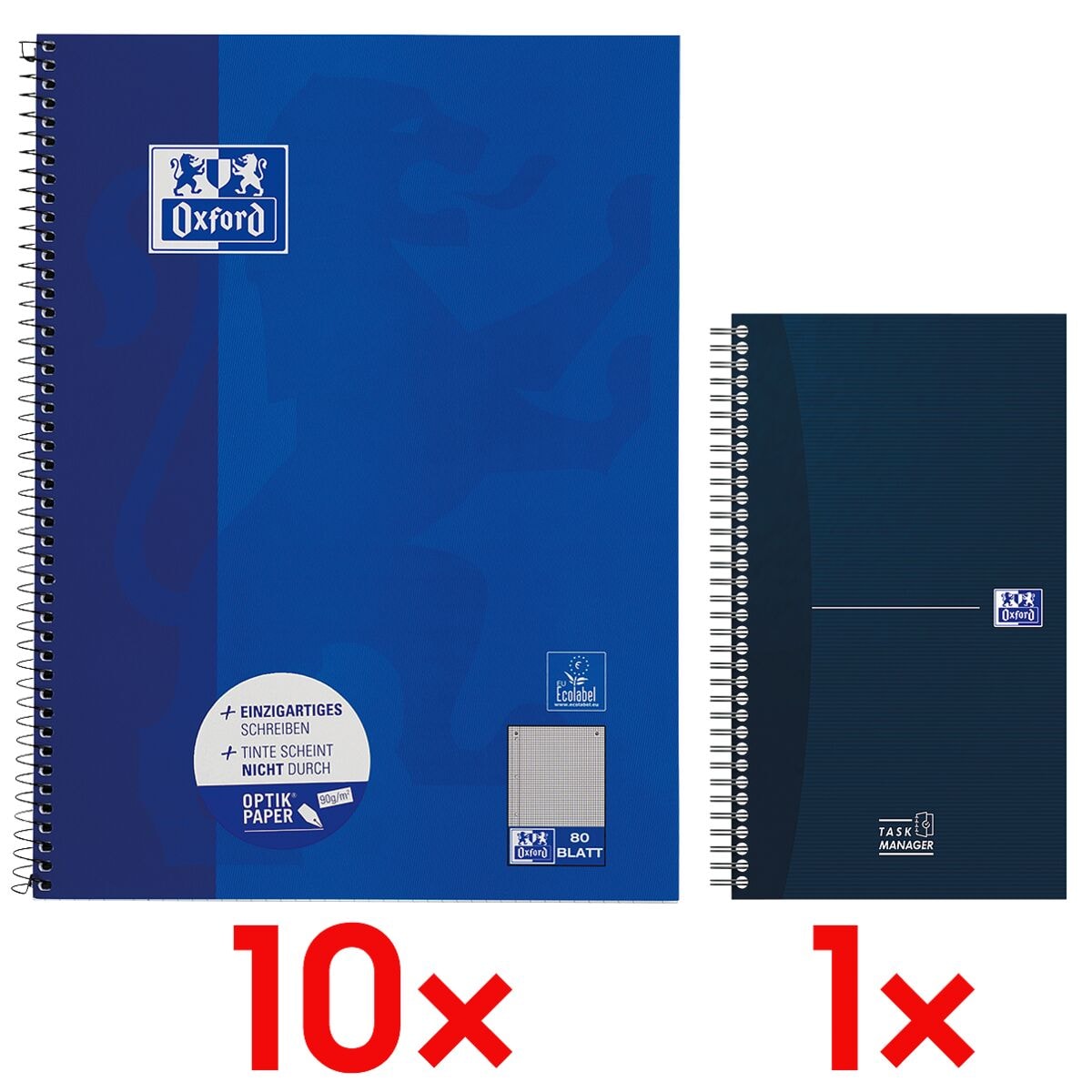 10x Collegeblock Oxford A4 kariert, 80 Blatt inkl. Notizblock »Office Essentials Task Manager« 14,1 x 24,6 cm