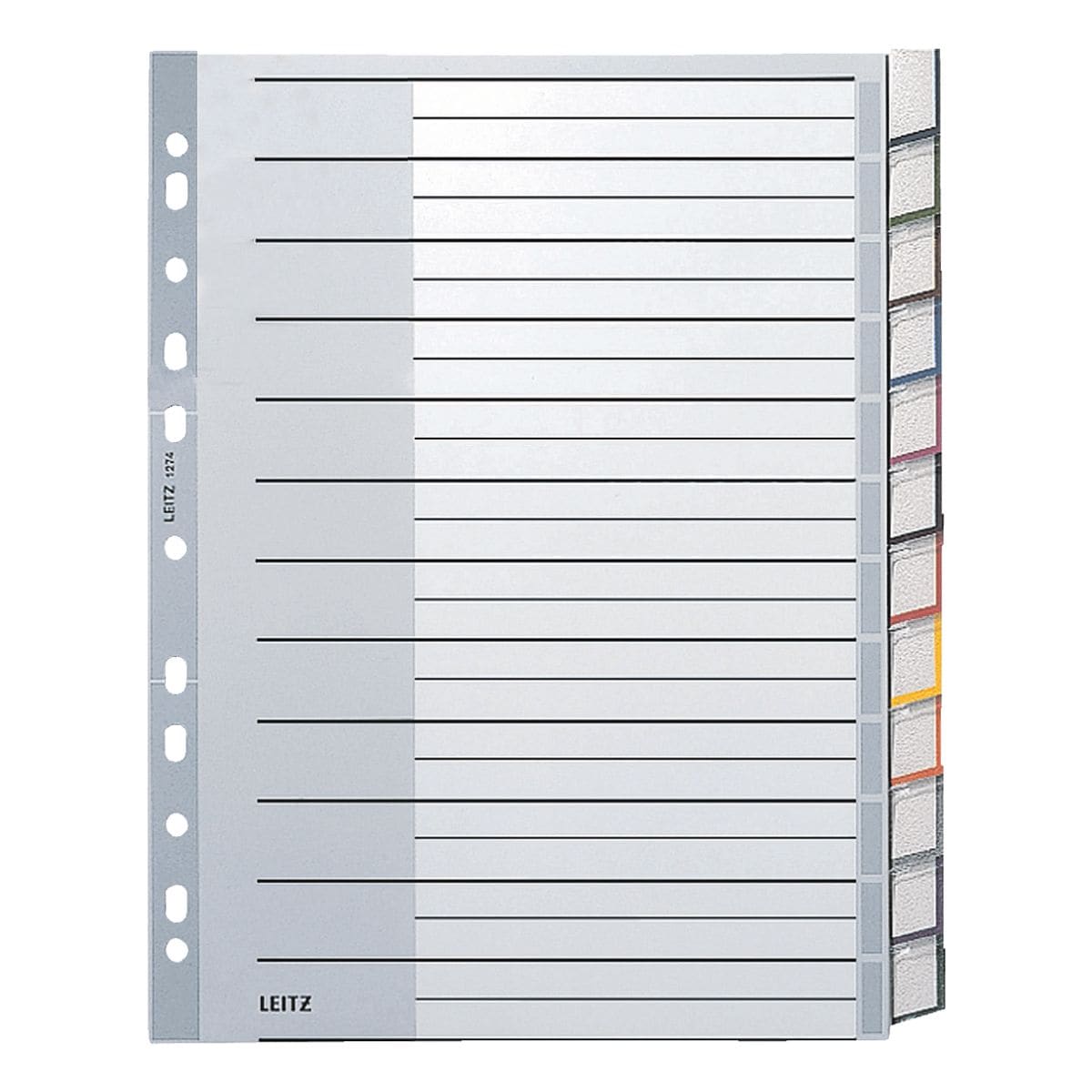 LEITZ Register 1274, A4 berbreit, mit Fenstertaben 12-teilig, grau / mehrfarbige Taben, Kunststoff
