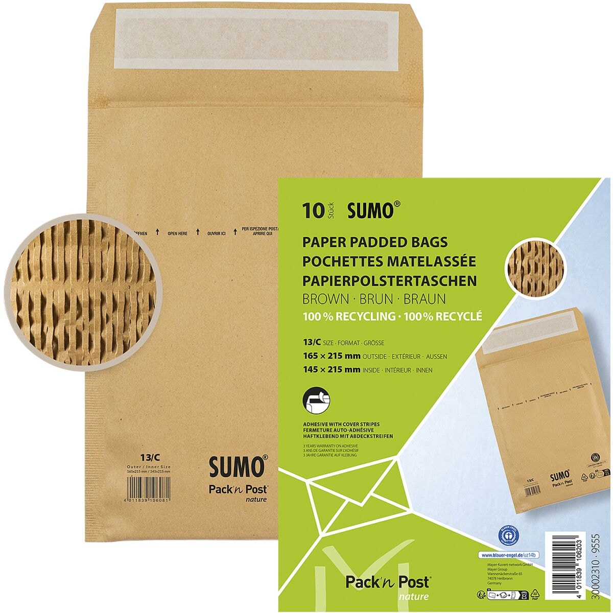Mailmedia 10 Papierpolster-Versandtaschen SUMO® SU1513, 16,5x21,5 cm, im Kleinpack
