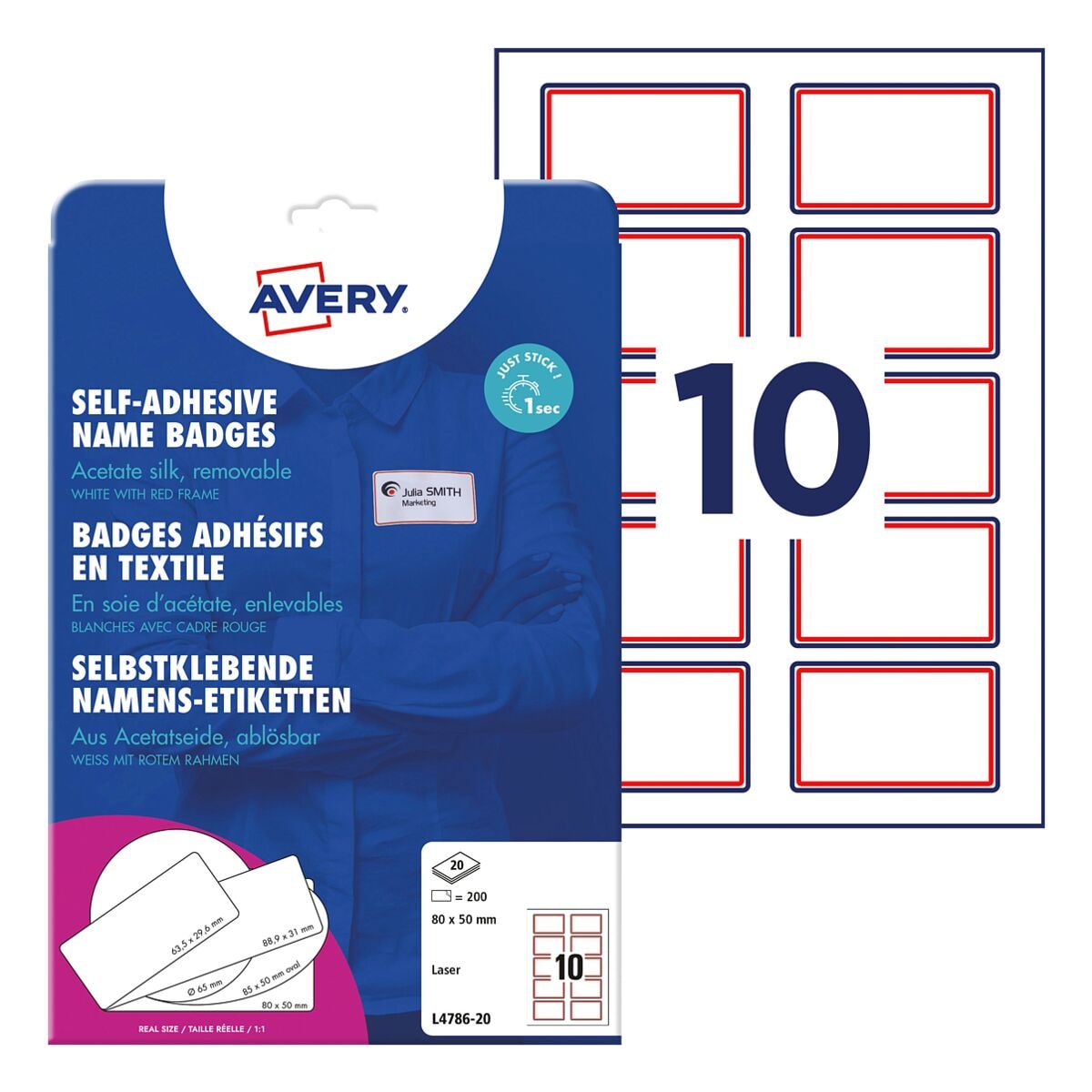 Avery Zweckform Selbstklebende Textschild-Namensschilder 80x50 mm weiß-rot (L4786-20)