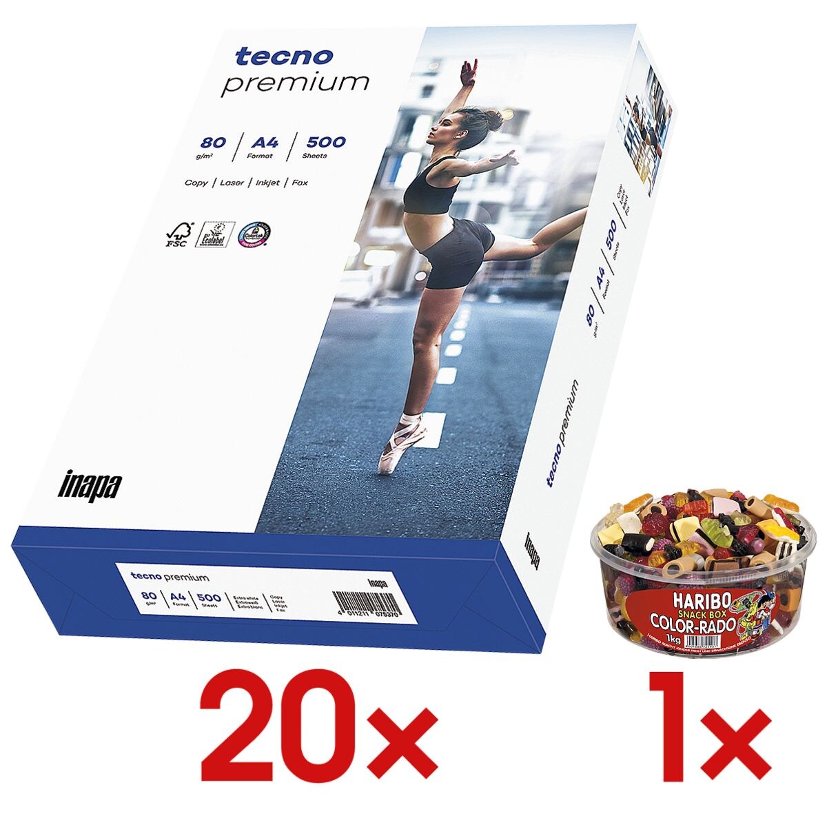 20x Multifunktionales Druckerpapier A4 Inapa tecno Premium - 10000 Blatt gesamt inkl. Fruchtgummi »Color-Rado«