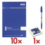 10x OTTO Office Briefblock, A4, kariert, 500 Blatt inkl. Haftnotizblock 75 x 75 mm + Einweg-Kugelschreiber »Eco Stick«