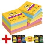Post-it 7,6 x 7,6 cm Super Sticky Bunte Organisation: Set aus Haftnotizen und Haftstreifen in verschiedenen Signalfarben