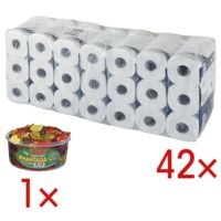 Tork Toilettenpapier Premium 4-lagig, hochweiß - 42 Rollen (7 Pack à 6 Rollen) inkl. Fruchtgummi »Phantasia« 1 kg Party Box
