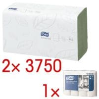 2x Papierhandtücher Tork ZigZag 2-lagig, grün, 25 cm x 23 cm aus Tissue mit Z-Falzung - 7500 Blatt gesamt inkl. Küchenrollen »Premium« 3-lagig, 4 Rollen