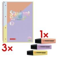 3x Collegeblock Premium Student Intoxicate A4 kariert inkl. 3x Textmarker BOSS® Original Pastell