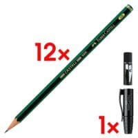12x Bleistift Faber-Castell 9000, HB, ohne Radiergummi inkl. Anspitzerkappe mit integriertem Anspitzer Perfect Pencil schwarz