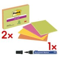 2x Post-it Super Sticky Meeting Notes XXL Haftnotizblcke 15,2 x 10,1 cm,  Blatt gesamt, farbig sortiert inkl. Permanent-Marker