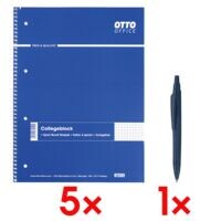 5x OTTO Office Collegeblock A4 kariert, 80 Blatt inkl. Kugelschreiber Reco blau