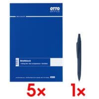 5x OTTO Office Briefblock, A4, kariert, 50 Blatt inkl. Kugelschreiber Reco blau