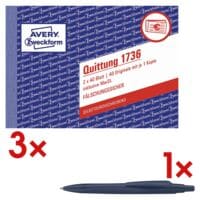 Avery Zweckform 3x Formularbuch Quittung inkl. MwSt. - 2-fach 40 Blatt inkl. Kugelschreiber Reco blau