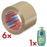 6x Packband tesa 4124, 75 mm breit, 66 Meter lang - leise abrollbar inkl. Duschgel My Moment Aloe Vera 250 ml