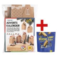 folia Adventskalender Hygge Dorf 49-tlg. inkl. 12er-Pack Mini-Doppelkeks-Riegel PiCK UP! minis Choco