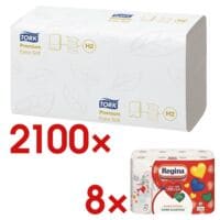 Papierhandtücher Tork Premium 2-lagig, hochweiß, 21 cm x 34 cm aus Tissue mit I-Falzung - 2100 Blatt gesamt inkl. Küchenrollen »Mit Herzen« 3-lagig, 8 Rollen