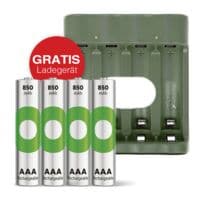 GP Batteries Aktion: 4 Akkus Mignon AAA 850 mAh inkl. USB-Ladegert GP M452 GRATIS