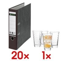 20x LEITZ Ordner A4 »1080« breit, Wolkenmarmor mit farbigem Rücken inkl. 4tlg. Gläser-Set »OPTIC« 200 ml