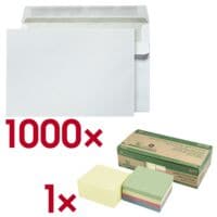 Briefumschl�ge OTTO Office, C6 80 g/m� ohne Fenster, selbstklebend - 1000 St�ck inkl. 2 Haftnotizw�rfel �Recycling� gelb & Farbmix, 2x400 Blatt