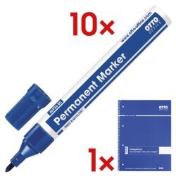 10x OTTO Office Permanent-Marker - Rundspitze, Strichst�rke 1,5  - 3,0 mm (XB) inkl. Collegeblock A4 kariert