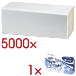 Papierhandtücher OTTO Office Budget Budget 1-lagig, naturweiß, 25 cm x 23 cm aus Recyclingpapier mit Z-Falzung - 5000 Blatt gesamt inkl. Kosmetiktücher 100 Stück