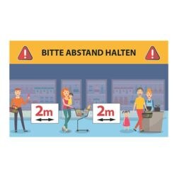 Wandaufkleber »Bitte Abstand halten - Warteschlange Comic - 2 m« Reckteck Innenbereich 40 x 24 cm gelb / blau