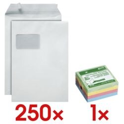 250 Versandtaschen, C4 mit Fenster inkl. Haftnotizwrfel Recycling