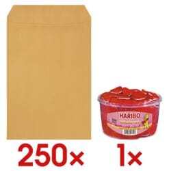 250 Natron-Versandtaschen, C4 ohne Fenster inkl. Fruchtgummi »Liebesherzen«