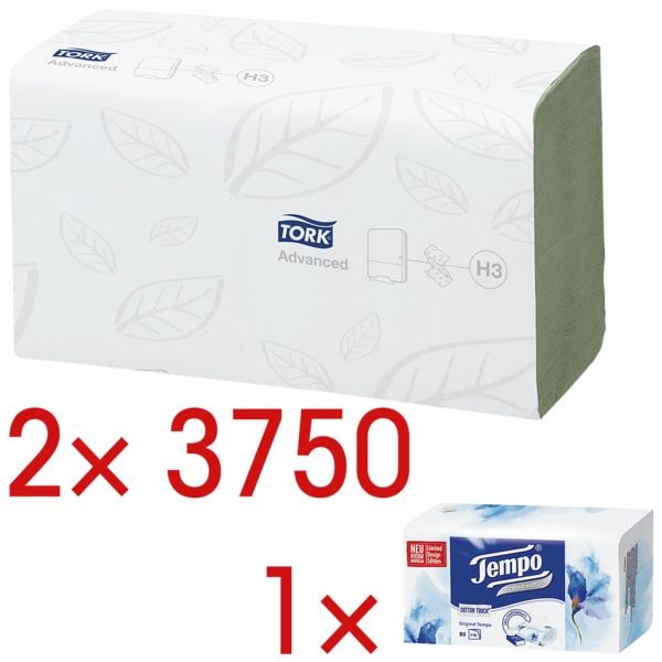 2x Papierhandtücher Tork ZigZag 2-lagig, grün, 25 cm x 23 cm aus Tissue mit Z-Falzung - 7500 Blatt gesamt inkl. Taschentücher-Box 80 Tücher 2x Papierhandtücher Tork ZigZag 2-lagig, grün, 25 cm x 23 cm aus Tissue mit Z-Falzung - 7500 Blatt gesamt inkl. Taschentücher-Box 80 Tücher