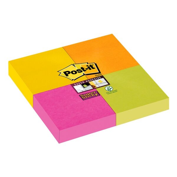 4x Post-it Super Sticky Haftnotizblock Notes 6910YPOG 4,8 x 4,8 cm, 180 Blatt gesamt, farbig sortiert