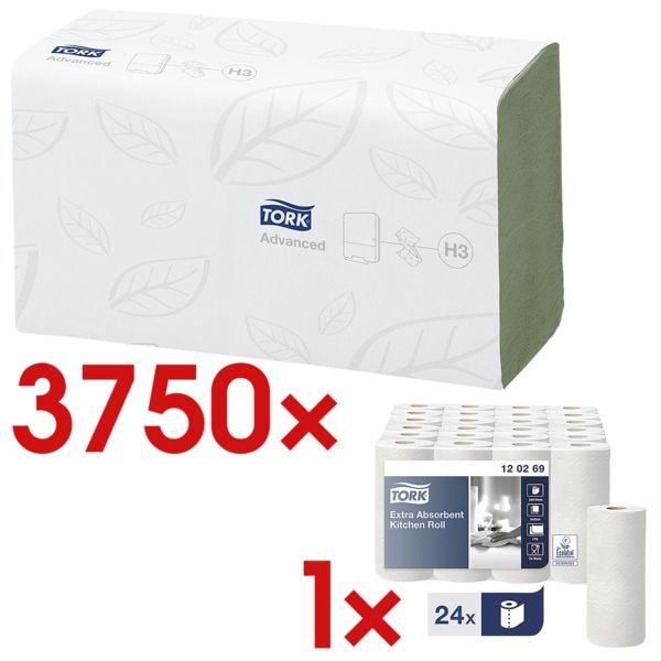 Papierhandtcher Tork ZigZag 2-lagig, grn, 25 cm x 23 cm aus Tissue mit Z-Falzung - 3750 Blatt gesamt inkl. Kchenrollen 2-lagig, 24 Rollen (12 Pack  2 Rollen)