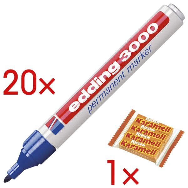 20x edding Permanent-Marker 3000 - Rundspitze, Strichstrke 1,5  - 3,0 mm (XB) inkl. Kaubonbons Karamell Riesen