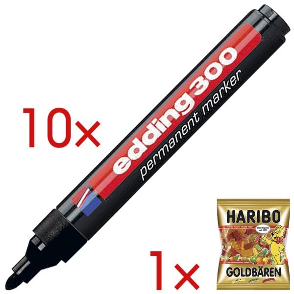 10x edding Permanent-Marker 300 - Rundspitze, Strichstrke 1,5  - 3,0 mm (XB) inkl. Fruchtgummi Goldbren