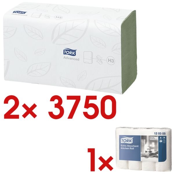 2x Papierhandtücher Tork ZigZag 2-lagig, grün, 25 cm x 23 cm aus Tissue mit Z-Falzung - 7500 Blatt gesamt inkl. Küchenrollen »Premium« 3-lagig, 4 Rollen 2x Papierhandtücher Tork ZigZag 2-lagig, grün, 25 cm x 23 cm aus Tissue mit Z-Falzung - 7500 Blatt gesamt inkl. Küchenrollen »Premium« 3-lagig, 4 Rollen