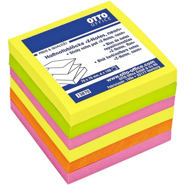 6x OTTO Office Haftnotizblock Z-Notes 7,5 x 7,5 cm, 600 Blatt gesamt, farbig sortiert, Z-Faltung